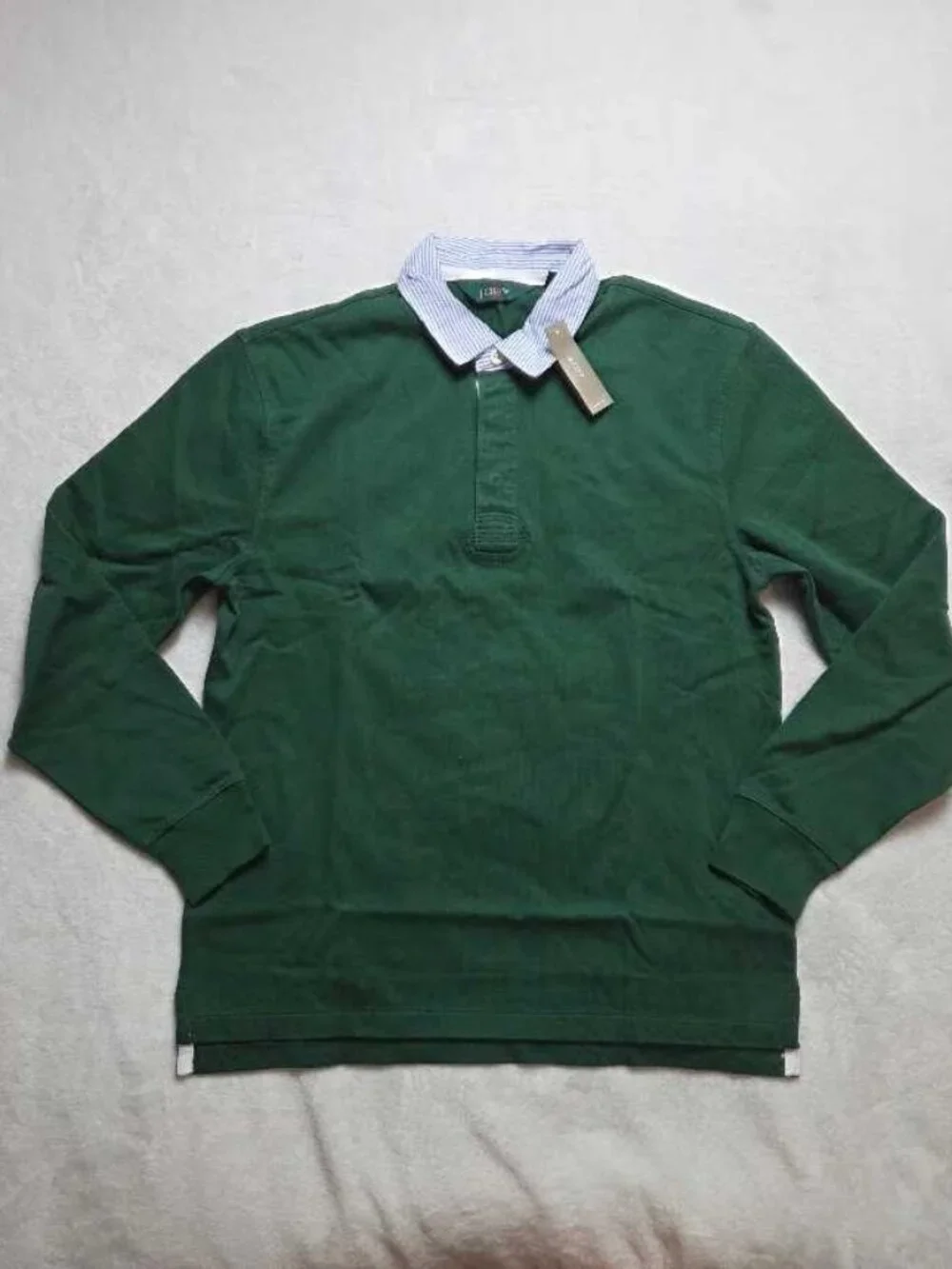 New S J.Crew rugby shirt with striped oxford collar Green longsleve polo